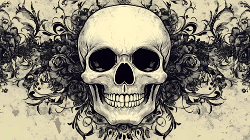Central human skull illustration is framed by dense floral forms