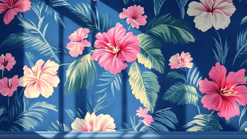 Floral wall pattern with hibiscus and palm foliage design.
