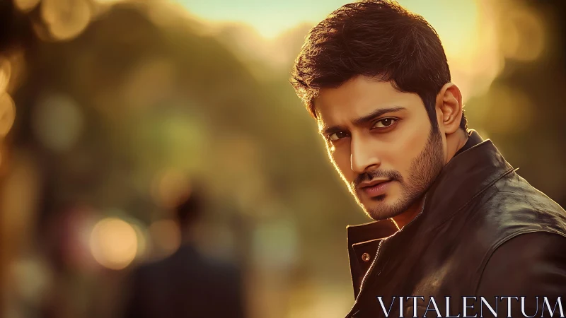 Confident man in leather jacket enjoys a golden city sunset