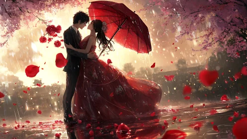 Crimson Reverie: Love Blooms Through Rain and Scarlet Petals