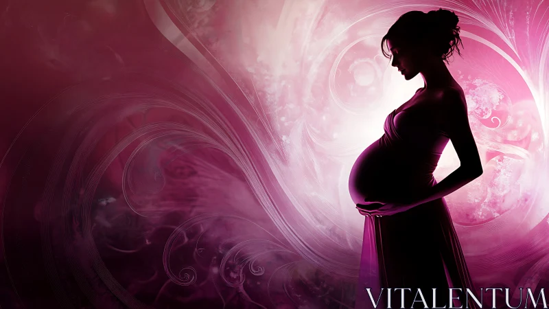 Silhouetted pregnant woman in ethereal pink glow.