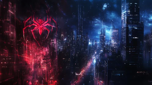 Spider emblem glowing over neon blue futuristic cityscape.