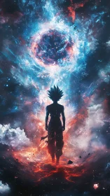 Stargazed warrior strides into a roaring cosmic eclipse