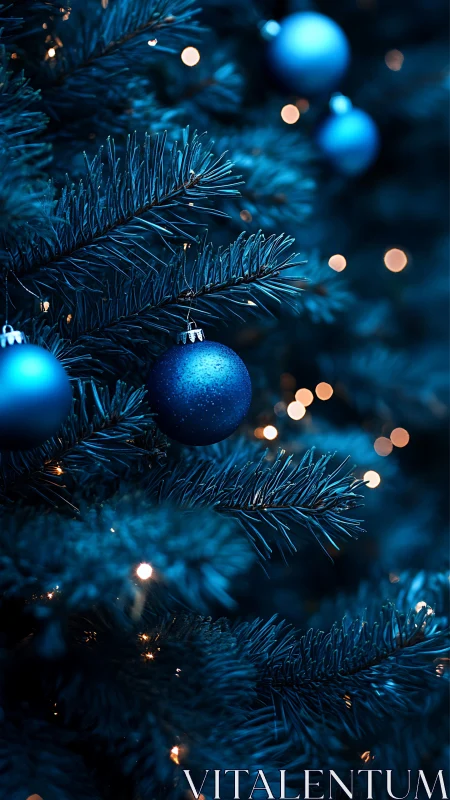 Deep blue ornaments glow softly on a nocturne Christmas tree