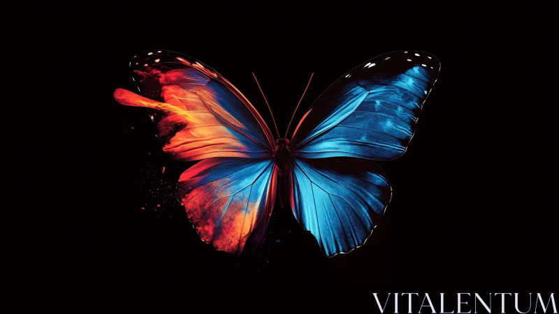 Bicolor butterfly rendered with asymmetric neon pigment dispersion effects