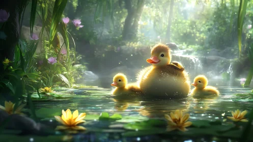 Sunlit duckling flotilla drifting through lily-soft morning.