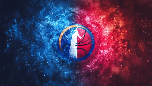Dynamic red and blue basketball emblem explodes with energy