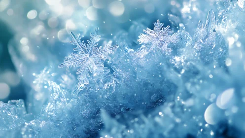Macro crystalline snowflakes in luminous blue bokeh field.