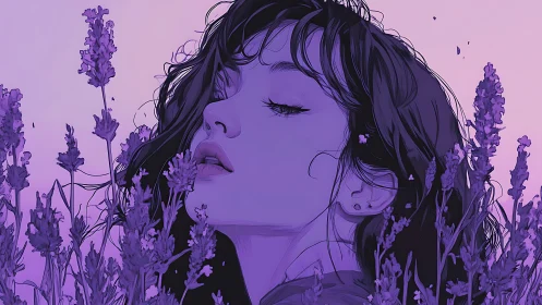 Serene woman in lavender field bathed in violet dusk light.