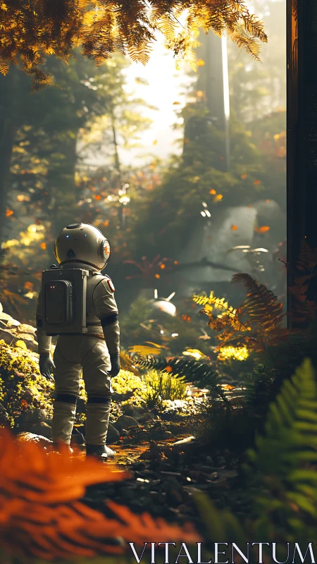 Astronaut explores sunlit alien forest path in autumn glow.