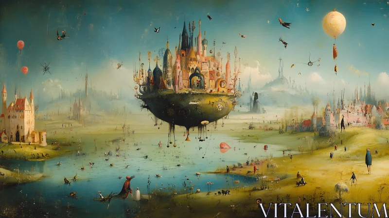 Surreal floating citadel above whimsical dream marshland.