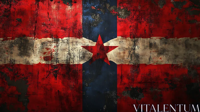 Weathered red star flag stretches across distressed metal