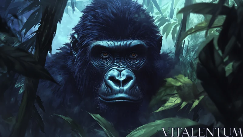 Gentle gorilla gazes calmly through lush jungle shadows
