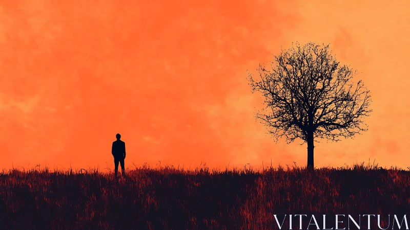 Silhouette of person and lone tree against orange sky.