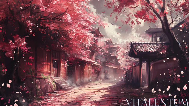 Old Japanese street under dense pink cherry blossoms.