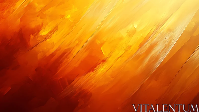 Vibrant abstract painting with fiery orange and yellow brushstrokes.