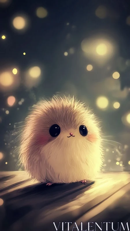 Fluffy glowing creature gazes up in a dreamy nightscape.