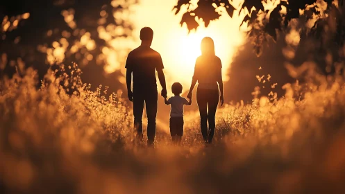 Family Walking into Golden Sunset Through Field.