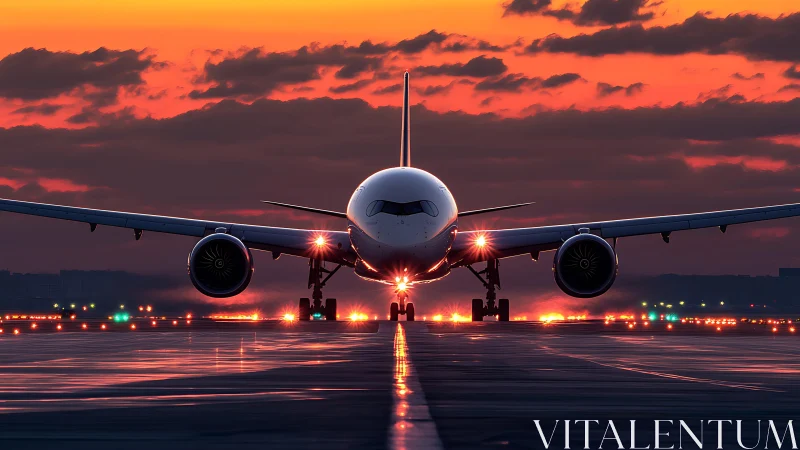 Passenger jet on runway at vivid red sunset sky.