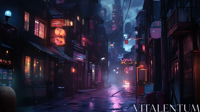 Neon alleyway glows under rain in a futuristic night city.