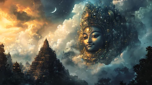 Celestial deity face crowns misty temple sky realm.