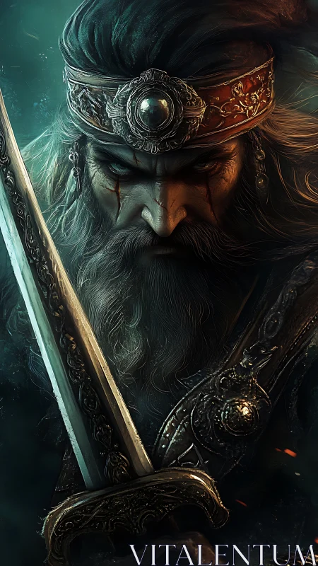 Weathered warrior king holding a gleaming ancient sword.