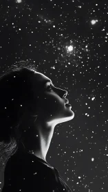 Stargazing silhouette dreaming beneath a drifting cosmic snowfall.