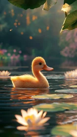 Golden duckling glides through sunlit lily pond at dusk