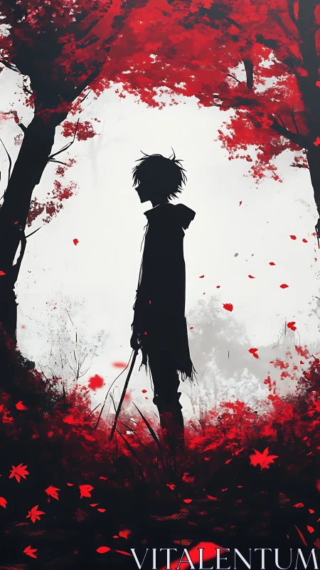 Solitary swordsman stands beneath crimson autumn canopy.