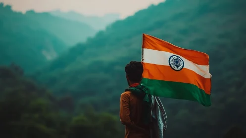 Person holding Indian flag before forested mountain hills.