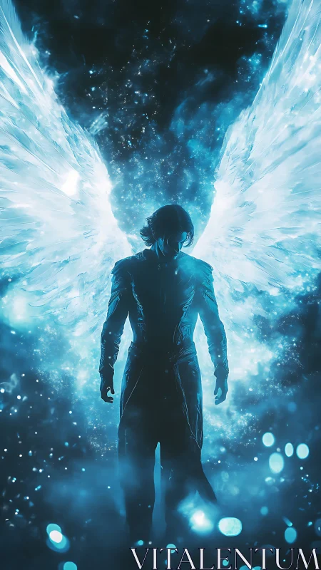 Silhouetted winged figure stands in glowing blue cosmic mist