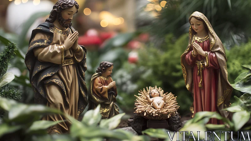 Nativity figurines honor the newborn child in a lush garden