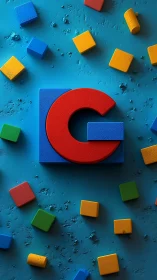 Red letter G on blue block among colorful toy cubes
