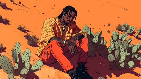 Seated figure in orange desert terrain with surrounding cacti