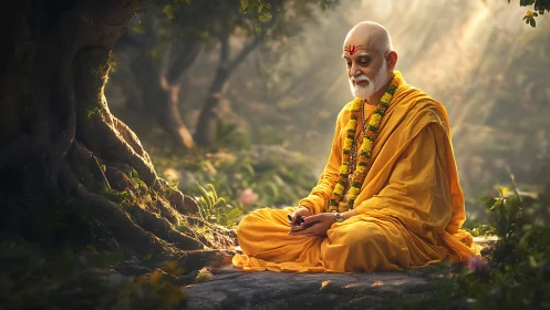 Elderly monk in saffron robes meditates under tree in volumetric light