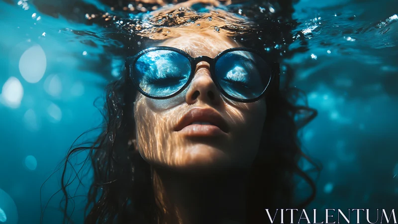 Submerged closeup of woman with sunglasses under blue water.