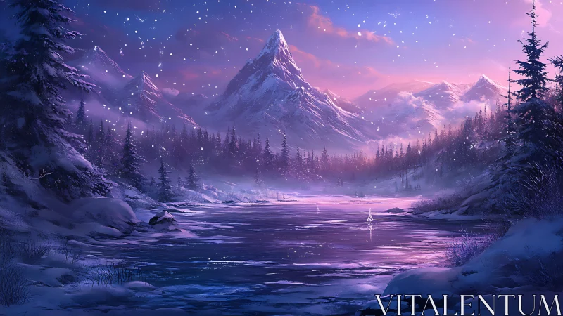 Snow-covered alpine valley with frozen river at dusk.
