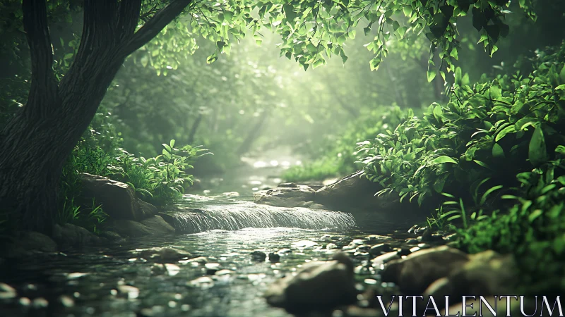 Forest stream running through dense green woodland with cathedral-like canopy