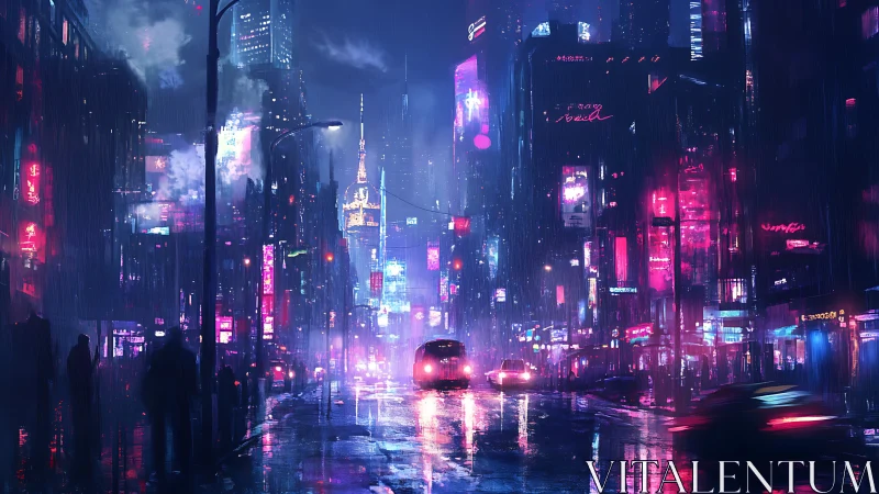 Cyberpunk city street glows with neon lights in heavy rain