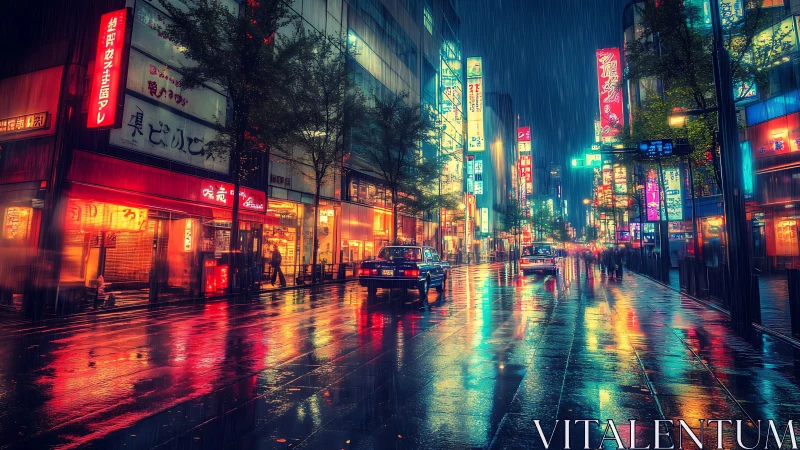 Rainy neon city street glowing with cozy nighttime energy.