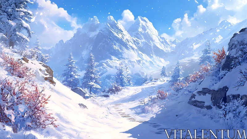 Snowy mountain valley glows under a clear winter sky.