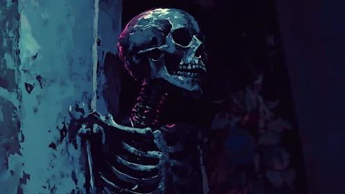 Nocturnal skeleton study in cinematic neon chiaroscuro.