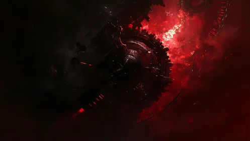 Infernal mechanical core amid burning cosmic void.