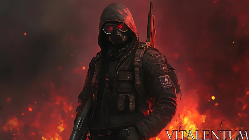 Hooded tactical soldier stands armed in front of heavy fire