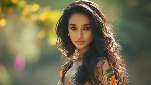 Sunlit portrait of woman framed by soft garden bokeh.