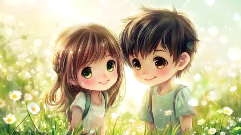 Chibi children in glowing meadow with soft bokeh light.