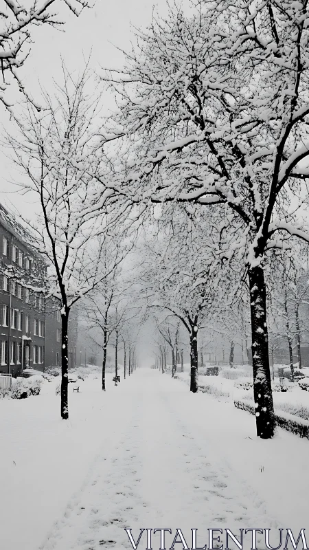 Snow-laden urban avenue with symmetrical tree alignment and depth