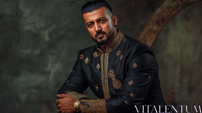 Portrait shows man in embroidered dark sherwani sitting indoors