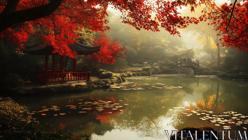 Golden autumn garden pond with peaceful red pavilion view.