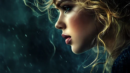 Stormlit profile of a wistful woman in cinematic close-up.